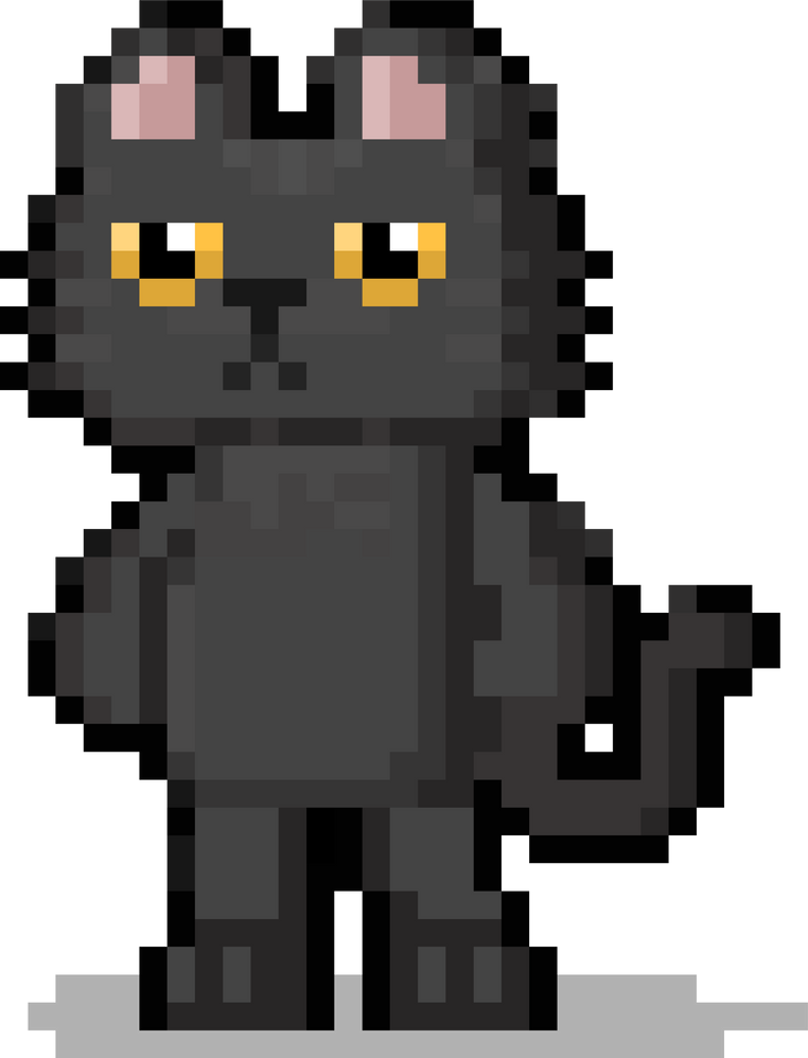 Pixel Art Black Cat Cartoon Character Illustration.